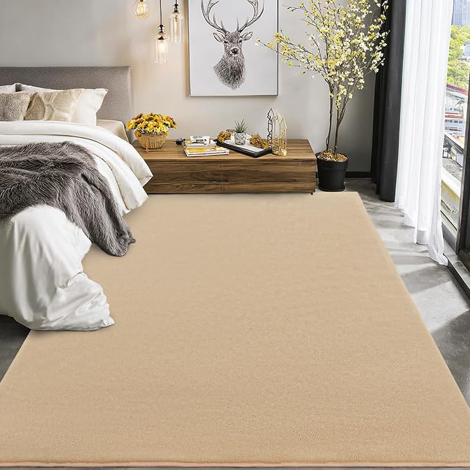 qulint 4x6 Tan Rug for Bedroom, Modern Nursery Rug with Thickened Memory-Foam Washable Carpet for Living Room, Minimalist Solid Non Slip Carpet for Boys Girls Kid Room Dorm Office Home Decor