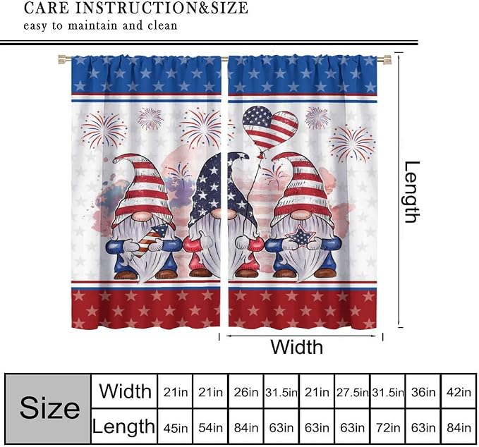 4th of July Curtain,Patriotic Independence Day Cute Gnome Print Drapes for Bedroom Living Room Kitchen Window Treatment 2 Panels Set Total Size 42" W X 54" L Inch