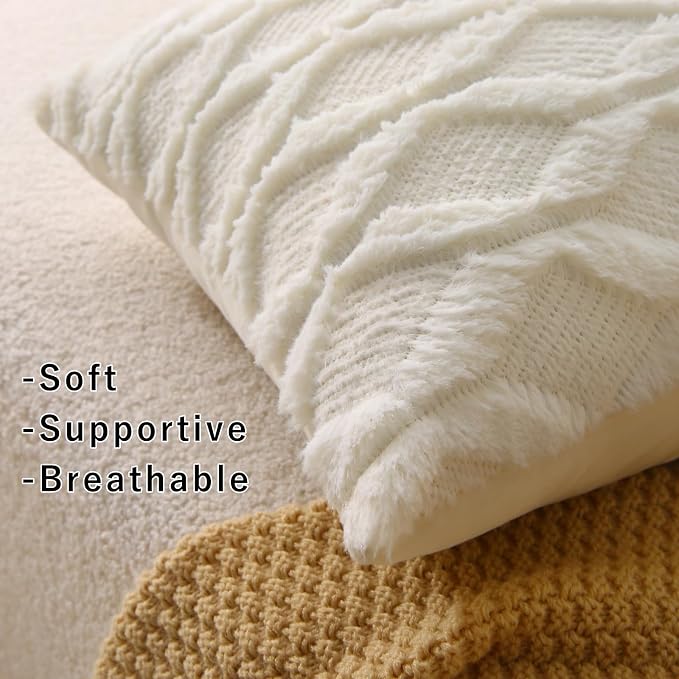 16" x 16" Decorative Throw Pillow with Inserts, Set of 2 Soft Faux Fur Throw Pillows, Square Boho Pillow for Couch, Bed, Sofa Decor, Beige