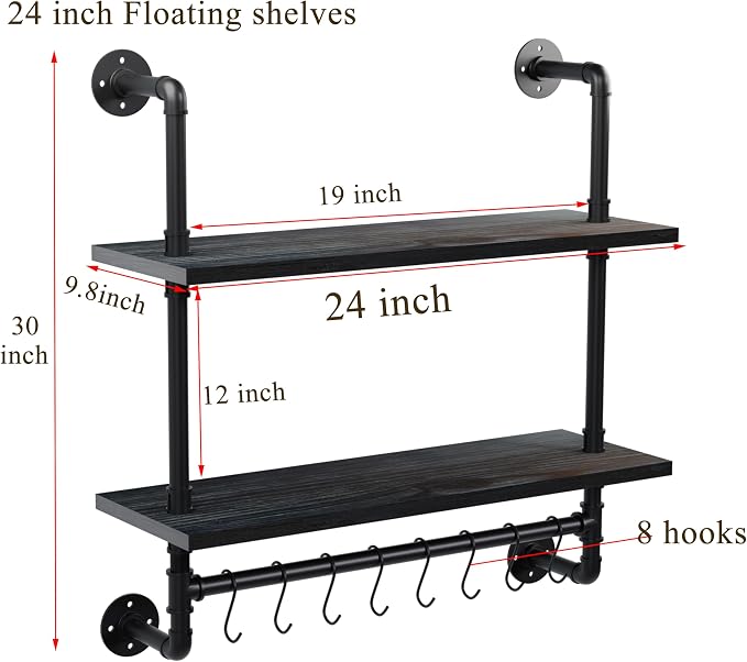 Industrial Pipe Bathroom Shelves Shelving 24" Black Floating Shelves | For Bathroom with Towel Bar Hooks,Kitchen Wall Mounted Shelves Coffee Bar Shelf for Living Room Bedroom