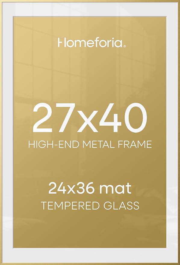 Homeforia 27x40 Picture Frame Gold, High End Metal 27 x 40 Large Poster Frames with Mat 24 by 36 inch Photo, 27x40 Gold Frame Matted to 24x36 for Print, 40x27 Frame, Tempered Glass, Wall Kit, Set of 2