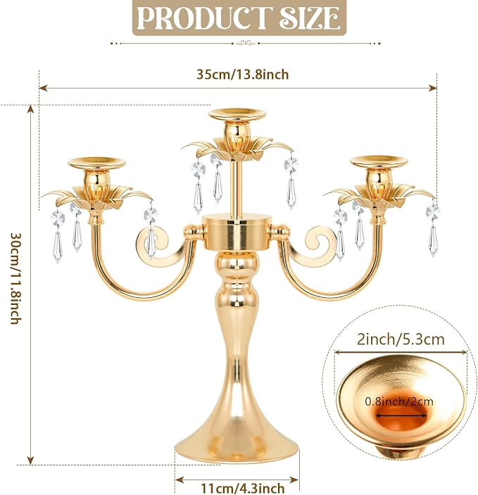 Metal 3 Arm Gold Candelabra with Crystal Pendants - 11.8 Inch Tall Candle Holders, Set of 6 - Elegant Taper Candlestick Stand for Wedding, Dining Table, Party Home Decoration