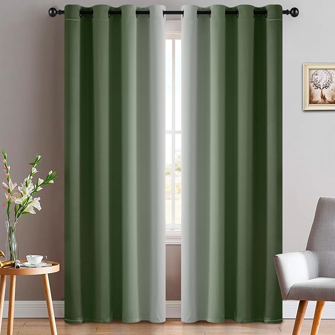 Yakamok Ombre Curtains Sage Green and Greyish White for Living Room,52Wx84L | Room Darkening Curtains 84,Thermal Insulated Gradient Color Drape,Light Blocking Grommet Window Curtains for Bedroom,2 Panels