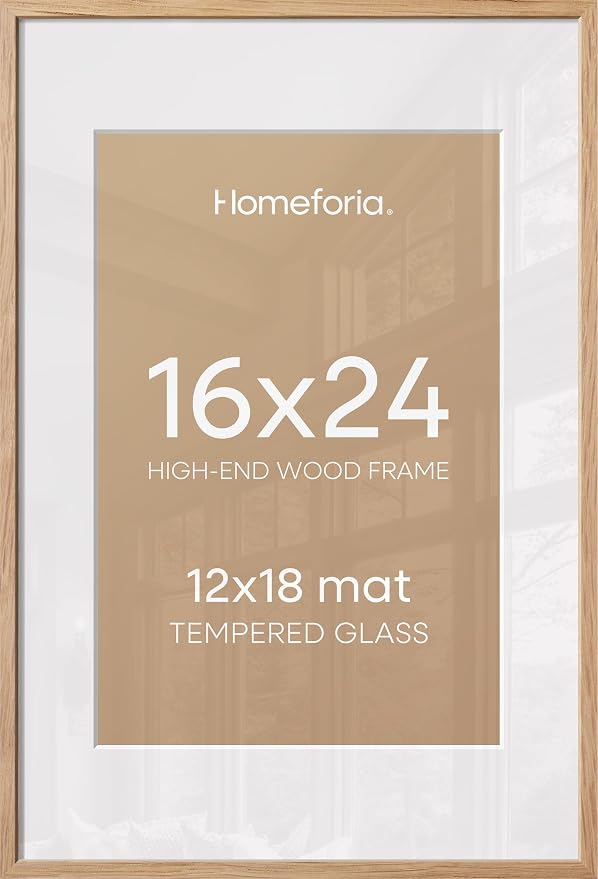 Homeforia Picture 16x24 Wood Frame, High End Natural Oak 16x24 Light Wooden Poster Frame with Mat 12x18, 16 x 24 Frames Matted to 12 x 18 Photo, 24x16 Hanging Frame, Tempered Glass, Wall Kit, Set of 2