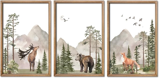 Woodland Nursery Animal Wall Art 16x24 3pc, Deer Bear Fox Boys Room Decor | Rustic Wood Framed Forest Mountain Watercolor Prints Set of 3, Toddler Boys, Kids Bedroom, Playroom & Nursery Nature Decor