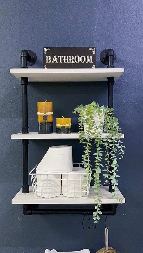 ROGMARS Industrial Pipe Shelving Bathroom Shelves with Towel Bar | Retro White Rustic Farmhouse Industrial Wall shelf Bathroom Shelves Over toilet for Storage 3 Tier 24 inch