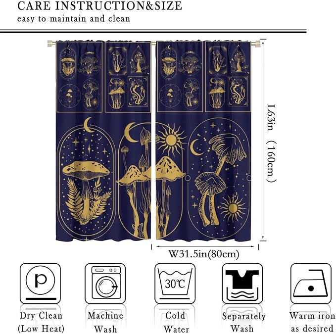 Mushroom Curtains,Boho Style Mystical Plant Sun Moon Print Window Treatments for Bedroom Living Room Kitchen Purple Herbs Window Drapes 2 Panels Set,Total Size 63 x 63 Inch