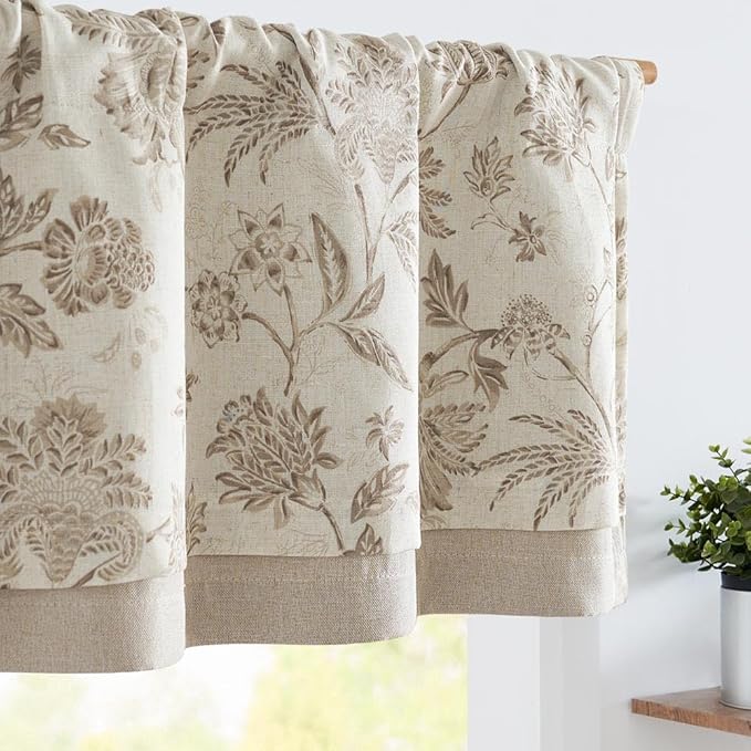 jinchan Floral Valance Curtain Linen Kitchen Valance for Windows 16 Inch Farmhouse Light Filtering Floral Short Window Treatment for Living Room 1 Panel Rod Pocket Double Layer Taupe on Beige