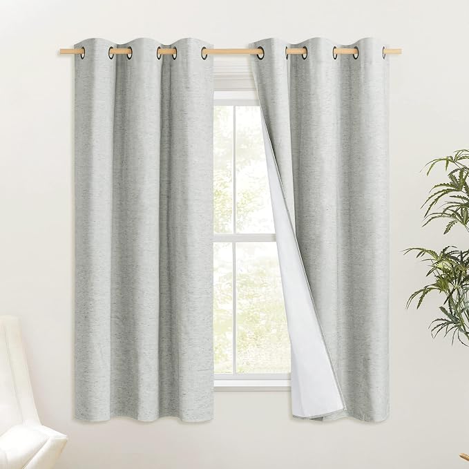 NICETOWN Grey 100% Blackout Curtain Panels, Set of 2, 34" Wide by 60" Long, Thermal Insulated White Thermal Insulated Liner Drapes for Nursery, Noise Reducing and Heat Blocking Drapes for Windows