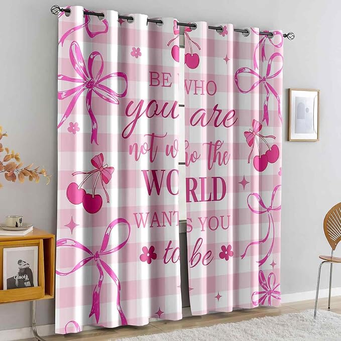 LUVIVIHOME Pink Cherry Bow Buffalo Plaid Curtains, Cute Preppy Blackout Curtains for Girls Bedroom Living Room, Floral Bowknot Girly Coquette Room Decor, Grommet Window Drapes 2 Panel Sets, 52x63 Inch