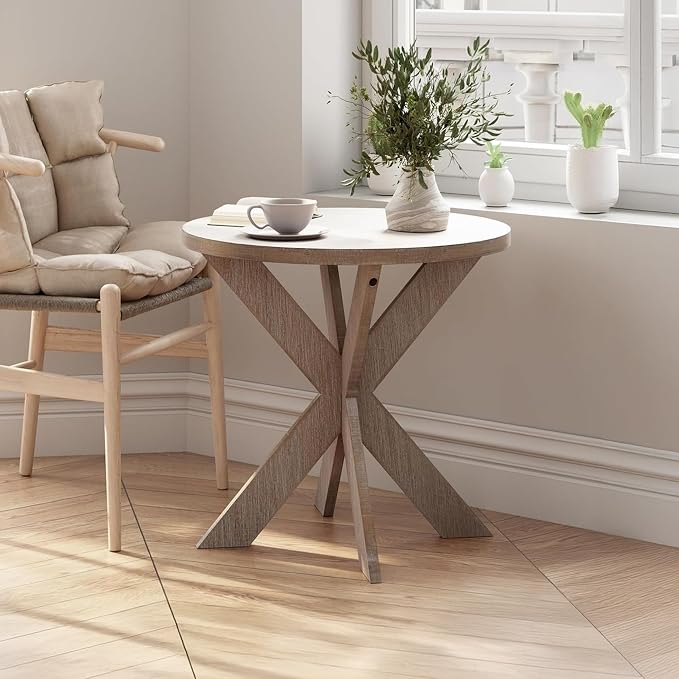Farmhouse Cross Leg end Table, French Country Accent Side Table for Family, Dinning or Living Room, Small Spaces, Modern, Round, Vintage Grey Finish.