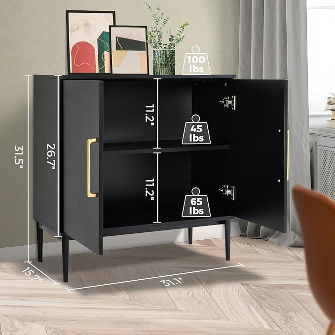 Set of 4 Black Storage Cabinet with Doors, Modern Accent Cabinet, Free Standing Cabinet with Adjustable Shelf, Wooden Buffet Sideboards for Living Room, Kitchen, Dining Room, Entryway