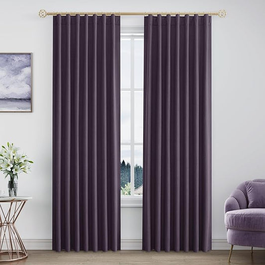 Joywell 100% Blackout Linen Curtains 84 Inch Long for Bedroom Black Out Curtain Light Blocking Drapes for Living Room Office Window Back Tab Hook Belt Rod Pocket 2 Panels,52 x 84,Plum