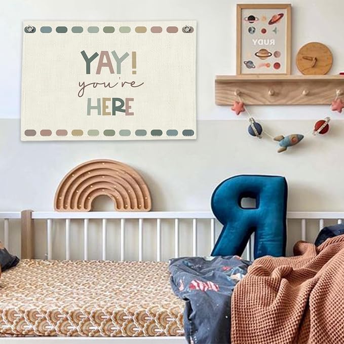 RTXLEZM Welcome Black to School Sign, Yay You're Here Canvas Banner | Boho Classroom Decor Wall Hanging for Kids Toddler Boys Girls Nursery Room Bedroom Playroom Decor, 20x30 Inch