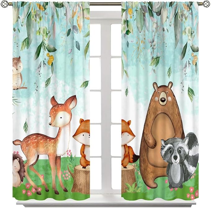 YCness Kid Forest Woodland Animal Fox Elk Bear Watercolor Print Curtains for Nursery Bedroom Living Room, Rustic Safari Wild Animal Blackout Window Drapes 2 Panel Set, 42x54 Inch