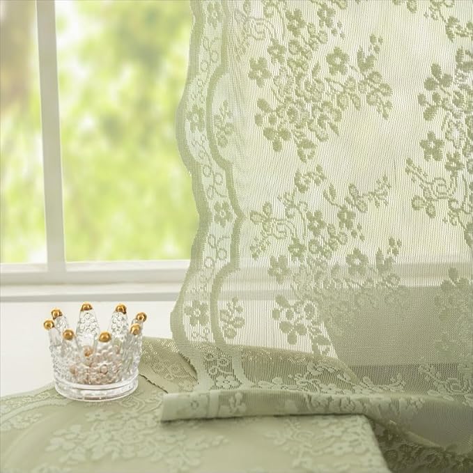YJ YANJUN Vintage Lace Curtains 72 Inches Long- Floral Pattern Sage Green Sheer Curtain Panels for for Bedroom French Door Sliding Door Boy Girl Baby Boho Net Drapes 6 FT Length W52 x L72 2 Panels