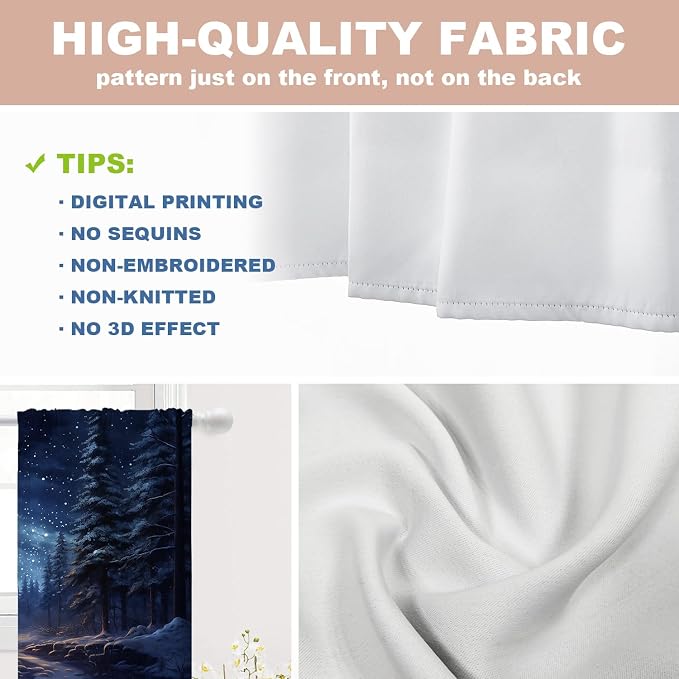Shrahala Winter New Year Blackout Curtain Tiers, Stars Forests Snow Night Kitchen Valance Light Blocking Tier Drapes with Rod Pocket, 2 Pack 26 X 36 in