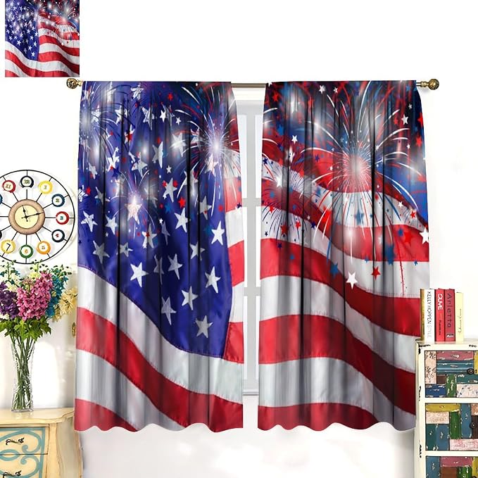 American Flag Blackout Curtain,4th of July Independence Day Home Decor Drapes for Bedroom Living Room Kitchen Window Treatment 2 Panels Set Total Size 42" W X 63" L Inch