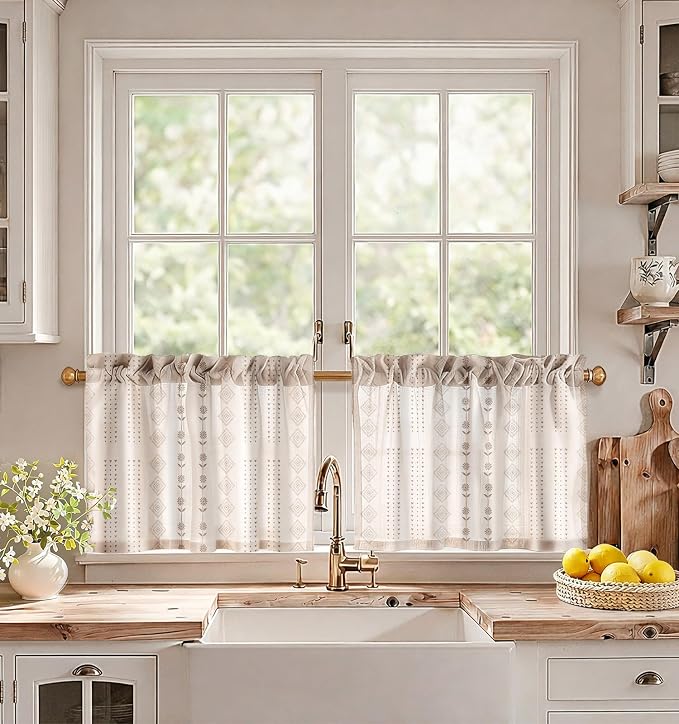 Miss Adola Farmhouse Kitchen Tier Curtains - 18 Inch Length Linen Blend Boho Cafe Curtains Striped Beige Small Window Treatments Over Sink Rod Pocket for Bathroom Living Room Light Filtering, 2 Panels
