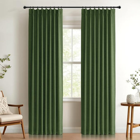 100% Blackout Shield Linen Look Textured Pinch Pleated Curtains Blackout Drapes 108 Inch Long 2 Panels Set, Faux Linen Blackout Curtains for Bedroom & Living Room, 40" W x 108" L, Moss Green