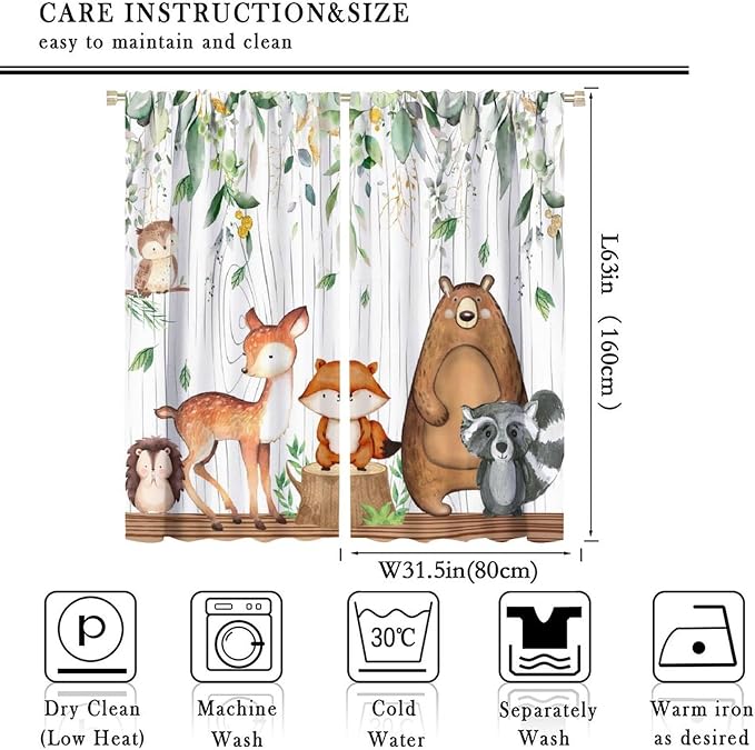 Forest Animal Curtains, Watercolor Wild Animal Bear Fox Deer Kids Window Treatments for Living Room Bedroom,Green Woodland Tree Kids Drapes 2 Panel Sets,63x63 Inch