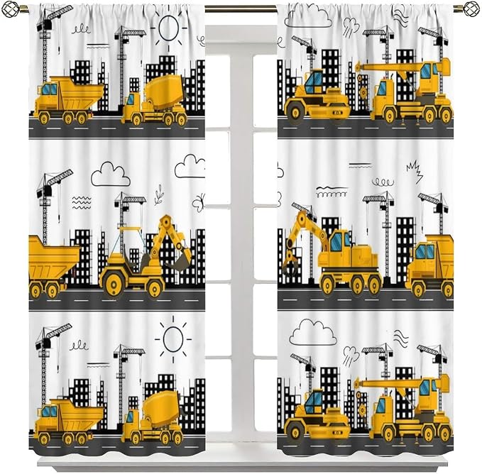 Construction Truck Blackout Curtain,for Kids Boys Girls Room Cartoon Tractor Excavator Yellow Cars Curtains Living Room Kitchen Cafe Bedroom Office Nursery Drapes,63x63 in