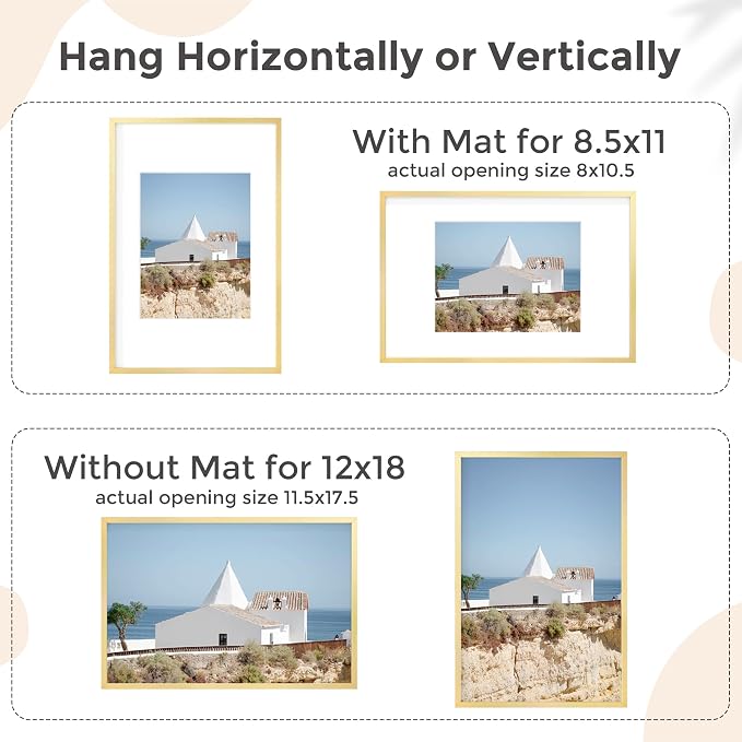 12x18 Metal Picture Frame for Wall With Mat for 8.5x11, 12''x18'' Aluminum Photo Frames With Tempered Glass for Home Decor, Minimalist Modern Poster Frame Horizontal And Vertical Formats, Gold