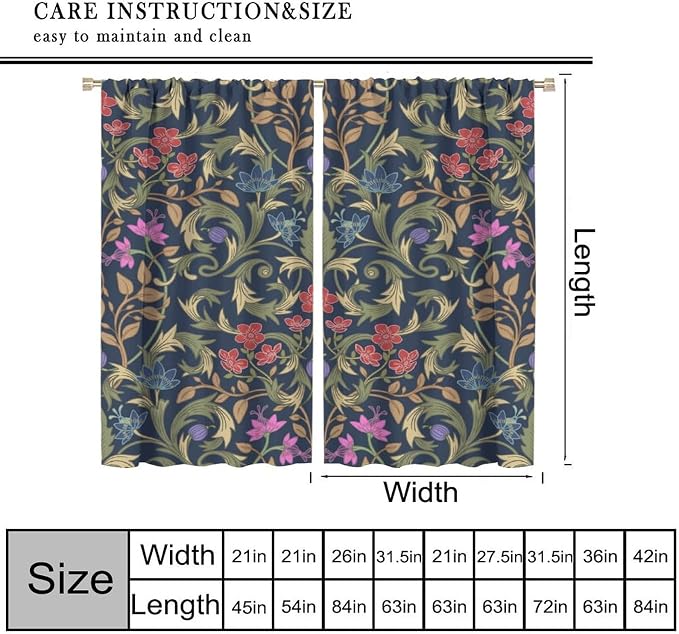 William Morris Flower Blackout Curtains, Retro Botanical Vintage Floral Leaves Window Drapes, for Bedroom Living Room 55" W X 63" L