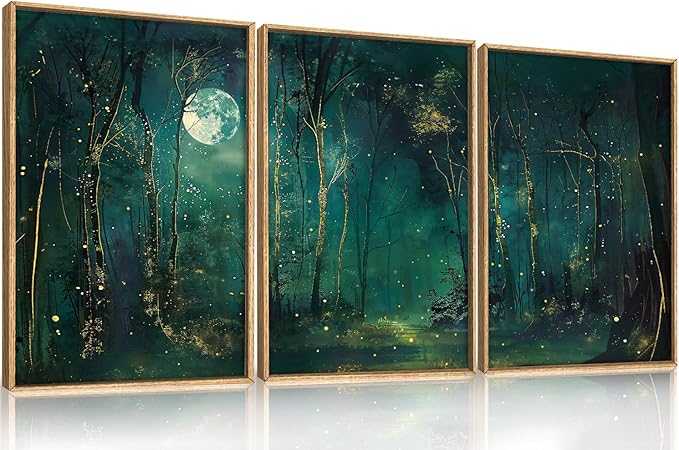 Large Vintage Moon and Star Forest Framed Canvas Wall Art,Mystical Night Sky Scenery Wall Decor,Moody Tree Landscape Artwork,Magical Midnight Art Print for Living Room,Bedroom,Office- 24"x36"x3
