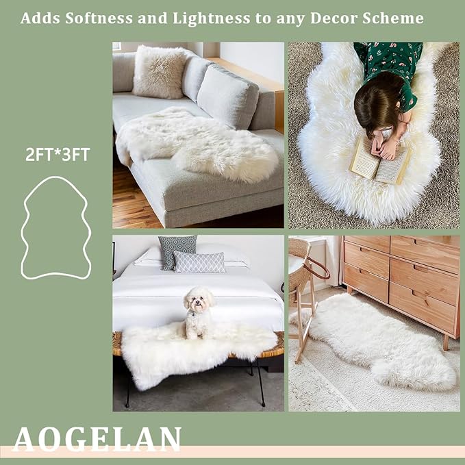 AOGELAN Orange Premium Genuine Sheepskin Rug, Genuine Sheepskin Natural Lambskin Shaggy Fur Area Rug for Kids Bedroom Sofa Chair Seat Cover Pets Dogs Mat Single Pelt/2FT*3FT