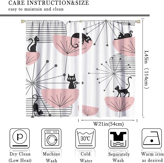 JESTRONRY Mid Century Cat Curtains, Pink Atomic Abstract Geometric 1950s 1960s Retro Style Rod Sleeves Window Drapes for Bedroom Living Room Home Decor 42x45in