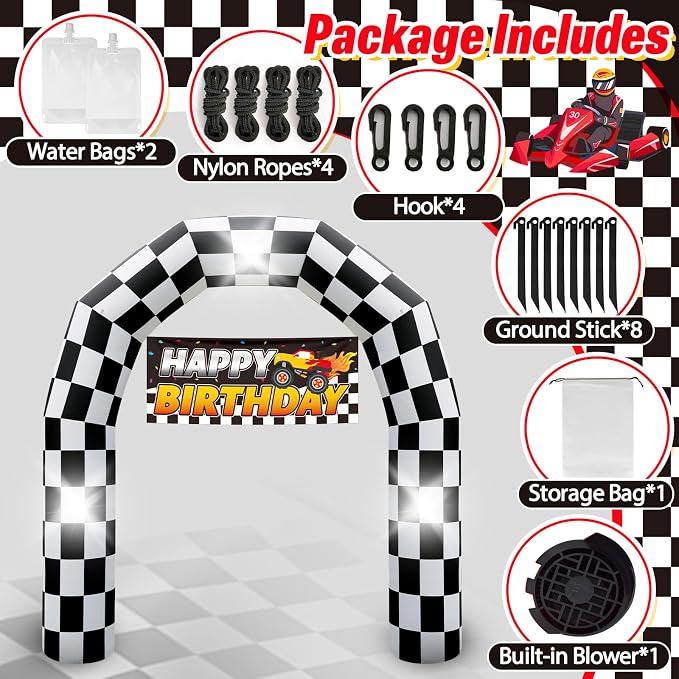 8FT Black and White Checkered Outdoor Race Car Inflatable Arch | Blow Up Racing Party Decoration with 3 Banners Built-in 3 LED Lights for Race Car Themed Birthday Party Lawn Yard Decor