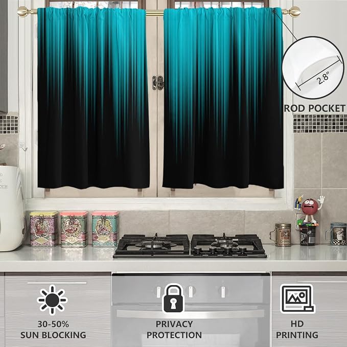 AAtter Teal and Black Kitchen Curtains, Ombre 27.5" W x 36" L, 2 Panels | Turquoise Modern Rod Pocket Bathroom Window Drapes, Dark Abstract Striped Style, Cool Anime Design, Aqua Small Short Tiers