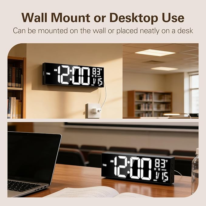 JALL 16" Large Digital Wall Mount Clock, Count Down Timer, Alarm, Big LED, RGB Color, DST, Temperature for Living Room Classroom Desk, Xmas, Birthday Gift for Senior Mom Dad (Black, 16 inches)