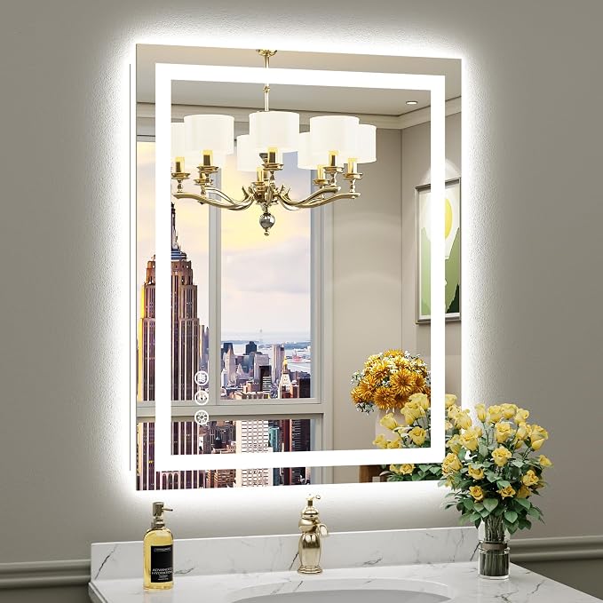 Briivue 28x36 Inch LED Bathroom Mirror with Lights, Backlit & Front Lit, Anti-Fog Lighted Bathroom Vanity Mirror for Wall, Memory Function, Dimmable, HD Tempered Glass, Shatter-Proof