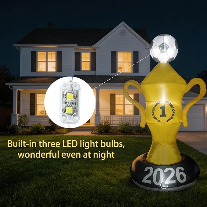 7FT World Soccer Inflatables – 2026 World Champion Outdoor Blow up Decorations with Built-in LED Lights for Yard Party Lawn Decor/Birthday Themed Supplies for Fans,2026 World Soccer Decor