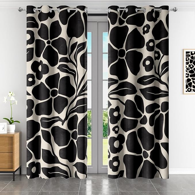 Boho Abstract Vintage Floral Blackout Curtains，Black Retro Flower Leaves Aesthetic Plant Window Drapes，Living Room Bedroom Decor 2 Panels 52x84 Inch