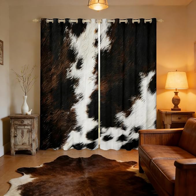 Brown Cowhide Window Curtains Western Black White Cow Print Curtains For Bedroom Living Room Bull Cattle Animal Fur Curtain Drapes Rustic Farmhouse Cowboy Window Treatments 2 Panels 52"Wx90"L