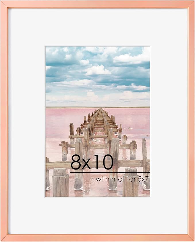 FLYJOE 8x10 Picture Frame - Metal Frame With Mat 5x7 | 8 x 10 Aluminum Photo Frame | Plexiglass And Hanging Hardware Included | Black 8x10 Picture Frame | Rose Gold