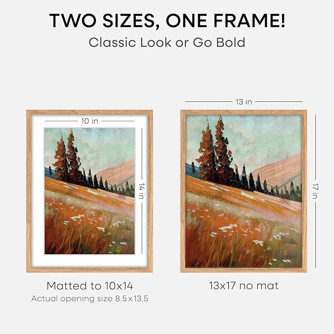 Homeforia 13x17 Picture Frame Natural Wood, High End Oak 13x17 Light Wooden Poster Frame with Mat 10x14, 13 x 17 Frames Matted to 10 x 14 Photo, 17x13 Hanging Frame, Tempered Glass, Wall Kit, Set of 2