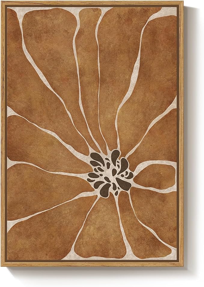 Framed Boho Abstract Neutral Floral Wall Art for Living Room, Modern Minimalist Brown Flower Print Canvas Artwork for Walls, Vertical Japandi Wabi Sabi Wall Decor for Bedroom Dining Room, 24x36 Inch