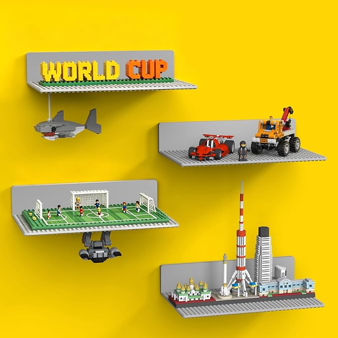 BlissBox 4-Pack Display Shelves for Wall Compatible with Lego Building Bricks, 11.3x6.3inch Dual‑Sided 36x20 Studs for Toy Brick Storage and Display, ABS Display Shelves for Room Decor, Gray