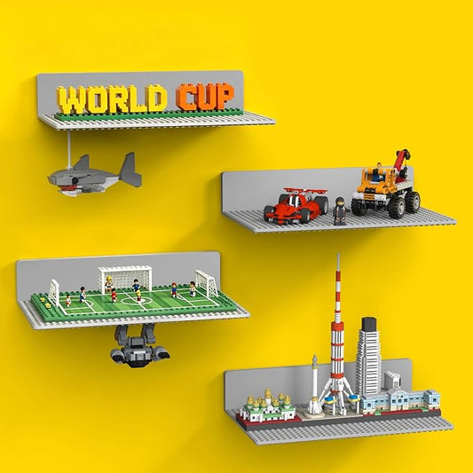 BlissBox 4-Pack Display Shelves for Wall Compatible with Lego Building Bricks, 11.3x6.3inch Dual‑Sided 36x20 Studs for Toy Brick Storage and Display, ABS Display Shelves for Room Decor, Gray