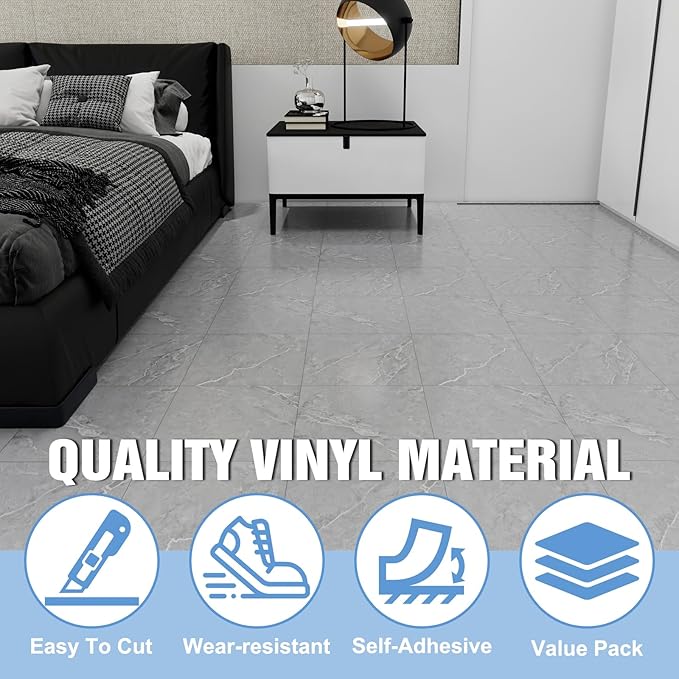 Peel and Stick Floor Tiles 10-Pack,Grey Marble Pattern Flooring,12"x12" Self Adhesive Waterproof Vinyl Flooring DIY for Kitchen Bathroom Dining Room Bedroom Living Room Laundry,Cover 10 Sq.Ft