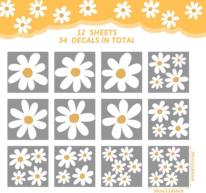 TaoBary 12 Sheet Daisy Wall Sticker Decal Removable Cute Daisy Bedroom Room Decor Flower Wall Sticker Pink White Flower Decal Wallpaper Peel and Stick for Nursery Home(White, Yellow,Cute Style)