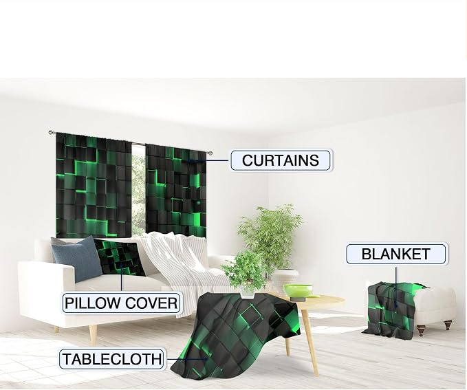 MESHELLY Abstract Black Green Curtains 42Wx63H Inch Rod Pocket Modern Geometric Cubes 3D Gradient Design Futuristic Bedroom Window Drapes Minimalist Man Boys Printed Living Room Window Treatment