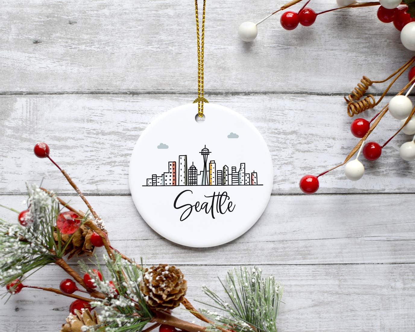 Andaz Press Round Ceramic Porcelain Christmas Tree Ornament Keepsake, Seattle Colorful City Skyline, 1-Pack, Birthday Ideas for Family Coworker, Gift Box Included