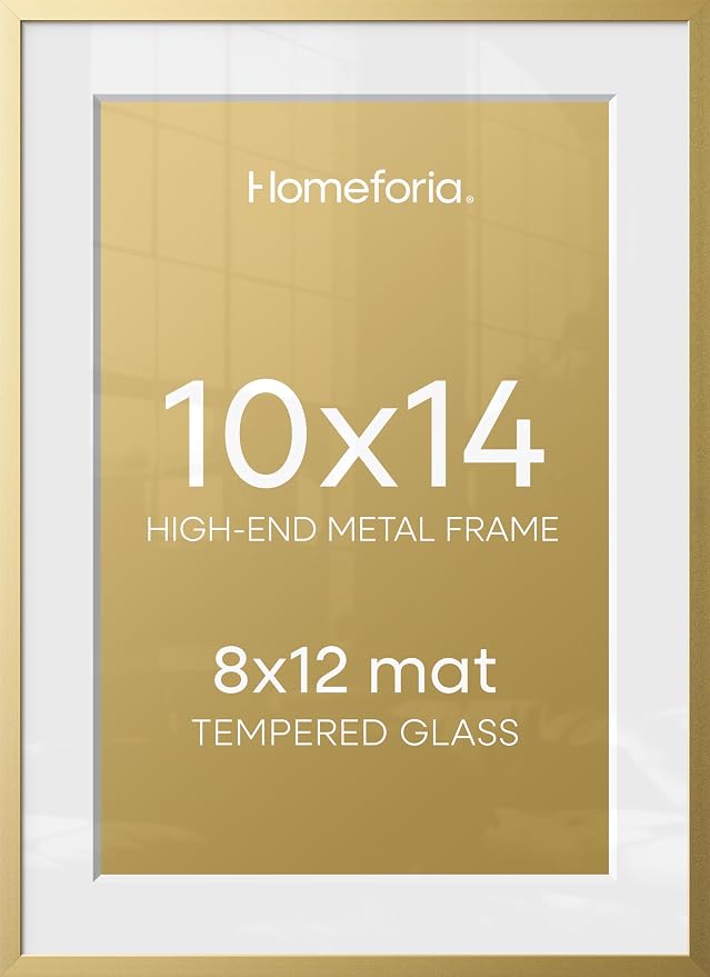 Homeforia 10x14 Picture Frame Gold, High End Metal 10x14 Poster Frames with Mat for 8x12, 10 x 14 Gold Frame Matted to 8 x 12 inch Photo, 10by14 Thin Hanging Frames, Tempered Glass, Wall Kit, Set of 2