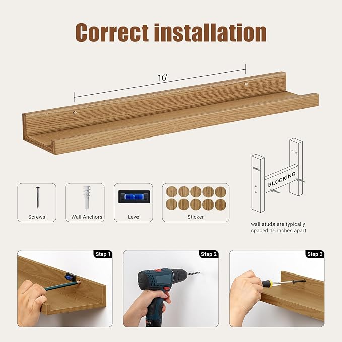 Heimlove Floating Shelves Set of 6, 24" Wall Mounted Picture Ledge, Display Shelf Organizer for Decor Storage, Wall Mounted Shelves for Living Room, Bedroom, Bathroom, Kitchen (Oak)