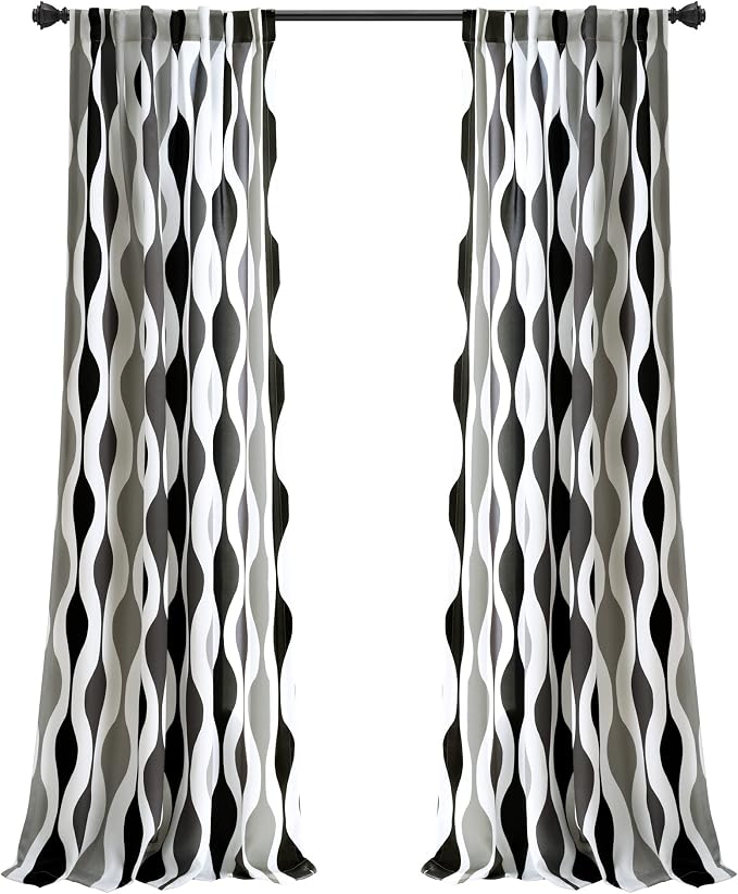 Lush Decor Mid Century Geo Room Darkening Window Curtain Panels Pair 52" W x 95" L Black & Gray - Retro Curtains for Living Room - Vintage Drapes